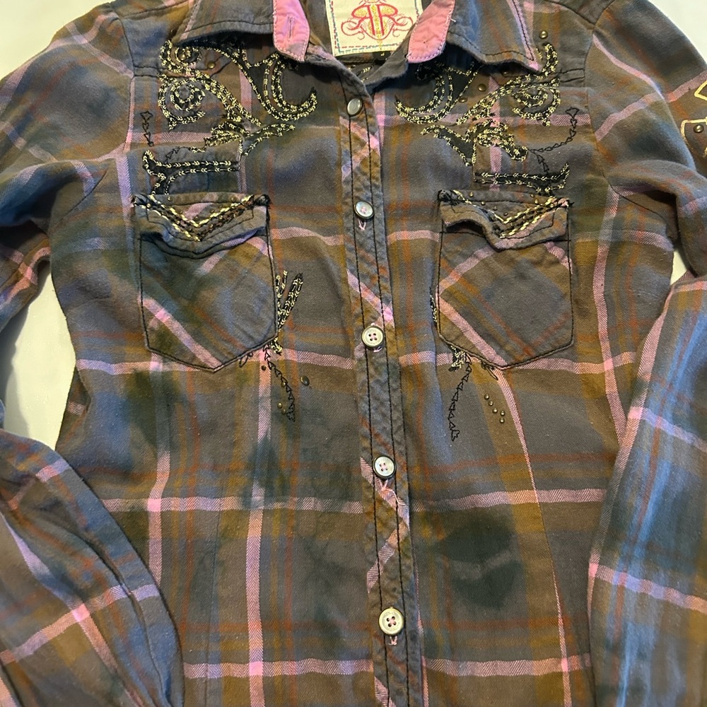 REmbellished Plaid Button-Up Shirt with Stud Detail